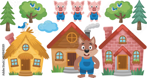 Three little pigs cartoon village set, fairy tale houses with wolf character, children story illustration with trees birds and cottage homes
