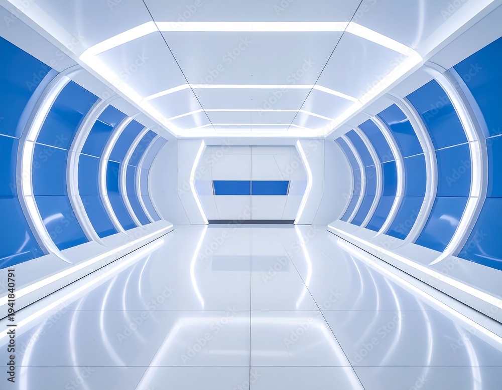 Obraz premium White futuristic corridor with blue window panels and a shiny floor reflects the overhead lighting