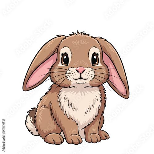 Adorable cartoon lop-eared bunny rabbit sitting illustration with big brown eyes