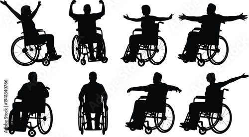 Wheelchair user silhouettes set, disabled people in wheelchairs various poses, accessibility and mobility concept vector collection for healthcare, rehabilitation and inclusion