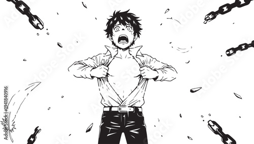 Vector illustration of a man screaming in shock with flying chains