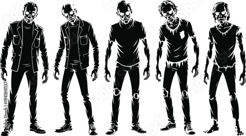 Zombie silhouettes vector set, undead characters lineup, horror zombie figures in various poses, creepy walking dead silhouettes, Halloween illustration pack for designers
