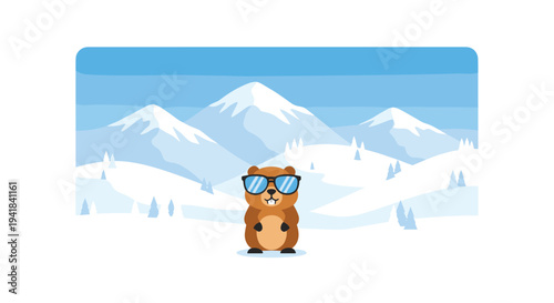 A cheerful brown groundhog, adorned with blue sunglasses, stands confidently amidst a picturesque snowy mountain range with pine trees.