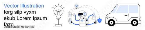 Technology, innovation, automation, security, transportation, futurism. AI robot with arms extended, shield icon lightbulb and car. Technology and innovation-based conceptual