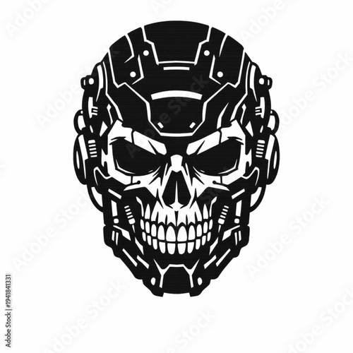 Cybernetic Robot Skull Vector Illustration in Cyberpunk Style