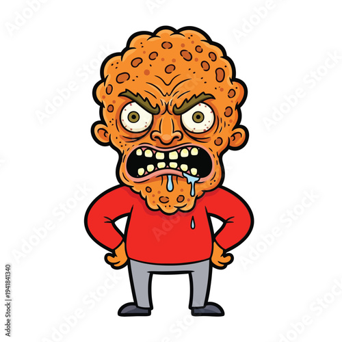Angry Cartoon Character with Pockmarked Orange Face and Drooling