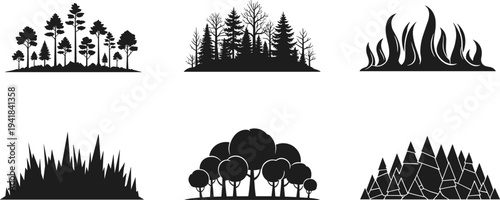 Set of nature silhouette icons featuring forests, trees, grass, fire, and landscape elements isolated on white background for stock design use