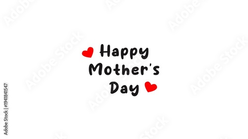 A simple white background with the heartfelt message 'Happy Mother's Day' written in black script, adorned with two small red hearts.
