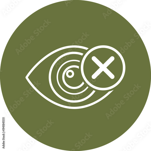 Vision disabled or hidden icon, an eye with a cross symbol on a green circle background