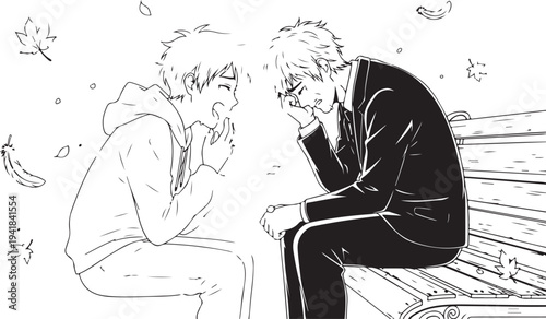 Vector illustration of two men sitting on a bench in black and white