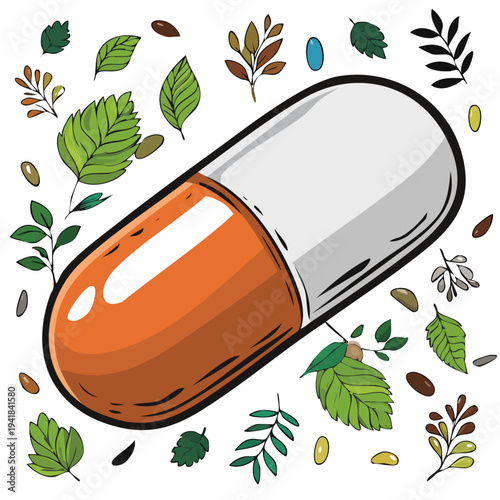 Illustration of a capsule with leaves around.