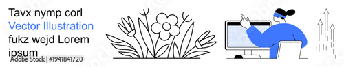 Business analysis, technology use, online creativity, data visualization, floral elements, growth monitoring. A person interacts with a computer next to a flower sketch. Business analysis