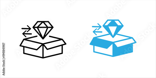 Minimal outline icon set. of open box with diamond and exchange arrows. Product upgrade, premium package, value improvement and ecommerce product enhancement concept.