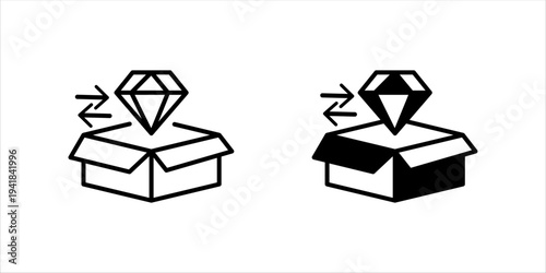 Minimal outline icon set. of open box with diamond and exchange arrows. Product upgrade, premium package, value improvement and ecommerce product enhancement concept.