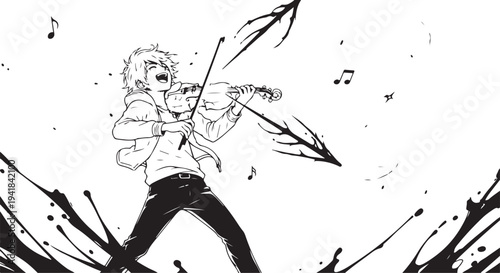 Vector illustration of a man playing a violin with music notes and paint splashes