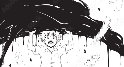 Vector illustration of a man under a black wave, manga style