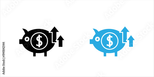 Black outline icon set. of piggy bank with dollar symbol and upward arrows. Savings growth, financial investment, personal finance and wealth management concept.