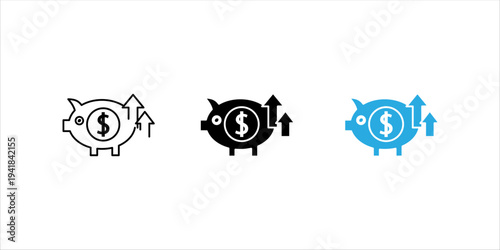 Black outline icon set. of piggy bank with dollar symbol and upward arrows. Savings growth, financial investment, personal finance and wealth management concept.