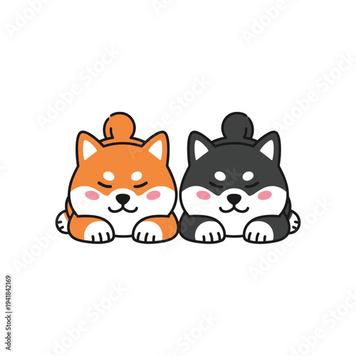 Adorable Cute Shiba Inu Dogs Sleeping or Resting Side by Side - Orange and Black Puppy Pair Illustration