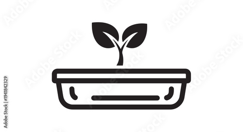 Simple black outline vector graphic illustration of a small sprout growing in a rectangular planting tray