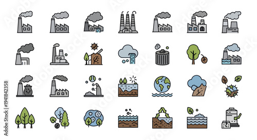 Environmental Pollution Icons: A Collection of Climate Change and Industrial Impact Symbols.