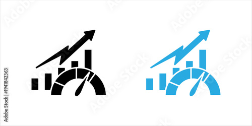 Minimal line icon set. of analytics gauge with bar chart and upward arrow. Business performance monitoring, financial analytics and data driven growth concept.