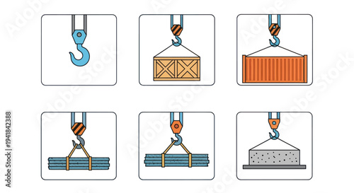 A colorful set of industrial crane hook icons lifting various cargo like crates containers and beams.