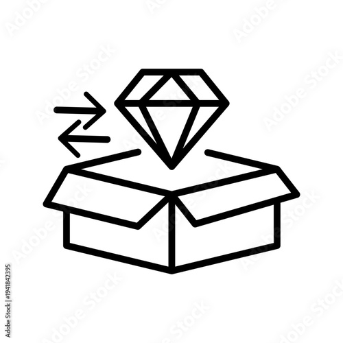 Minimal outline icon of open box with diamond and exchange arrows. Product upgrade, premium package, value improvement and ecommerce product enhancement concept.