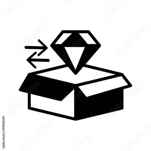 Minimal outline icon of open box with diamond and exchange arrows. Product upgrade, premium package, value improvement and ecommerce product enhancement concept.