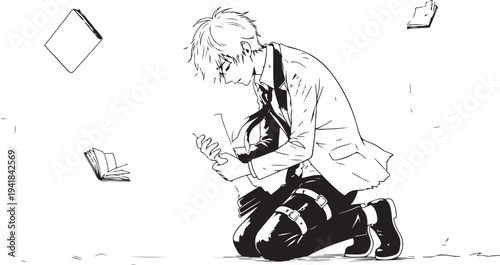 Vector illustration of a man kneeling with papers