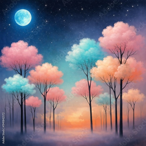 Twilight’s Soft Breath, Minimalist Forest,Digital Illustration