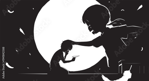 Black silhouette illustration of a child comforting another child under a moonlit sky