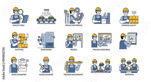 Cartoon Vector Icons Set: Industrial Manufacturing Processes Workers Engineering Production Logistics Quality Control Automation.