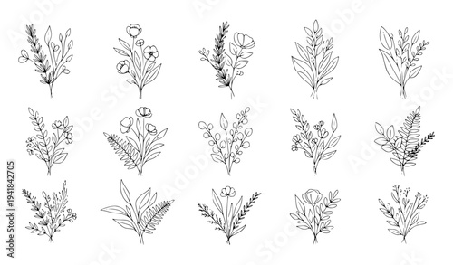 Abstract botanical line art bouquets with hand drawn herbs leaves and floral branches