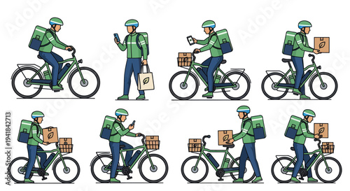 Delivery Person on Electric Bicycle: Various Poses and Actions Green Uniform and Backpack.
