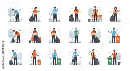Set of flat illustrations showing diverse people cleaning up garbage volunteering for community service.