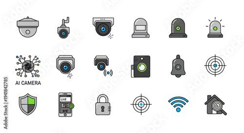 Security and Surveillance System Icons Set: Cameras Alarms Smart Home Technology.