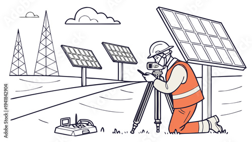 Surveyor Kneeling, Total Station, Solar Panel Farm,  A detailed vector illustration of a male surveyor kneeling at a total station on a tripod within a solar panel farm. Rows of solar panels and power