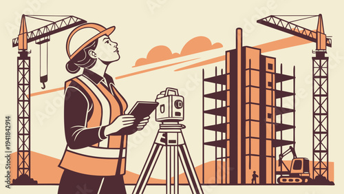 Construction Site, Female Surveyor, Total Station, Building Cranes,  A graphic vector illustration of a female surveyor holding a tablet and looking up at a busy construction site, GNSS Pole
