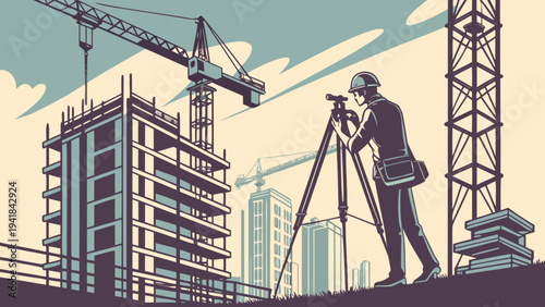 Engineering Surveyor, Total Station, High-Rise Building Construction,  A vector illustration in a teal, blue, and off-white color scheme, showing a male surveyor standing on a hill, GNSS Pole