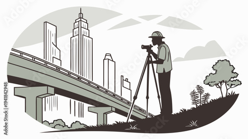 Land surveyor silhouette looking at city bridge overpass,  Vector illustration within an oval frame, showing a silhouette of a land surveyor in profile, wearing a hard hat and safety gear, GNSS Pole