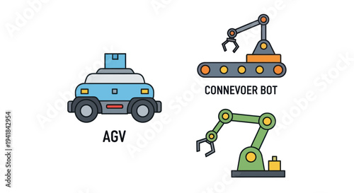 Modern industrial automation robots AGV and conveyor bot technology icons set.