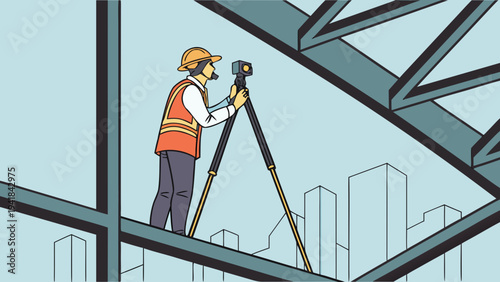 Construction surveyor on steel beam structure with total station, Vector illustration depicting a construction worker in a safety vest, hard hat, and face cover, operating a total station surveying 