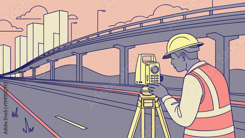 Surveyor Measuring Highway Road for City Infrastructure Construction,  A vector illustration of a male surveyor with a total station on a tripod, measuring a multi-lane highway
