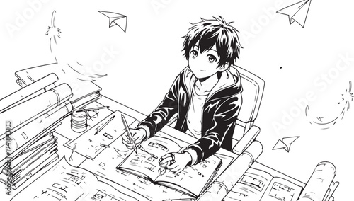 Vector illustration of a teenage boy studying at a desk