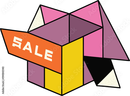 Abstract colorful background featuring a geometric 3d vector illustration of a pink origami cube element for business web banner design