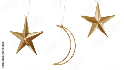 Golden celestial ornaments a star crescent moon and another star hang gracefully