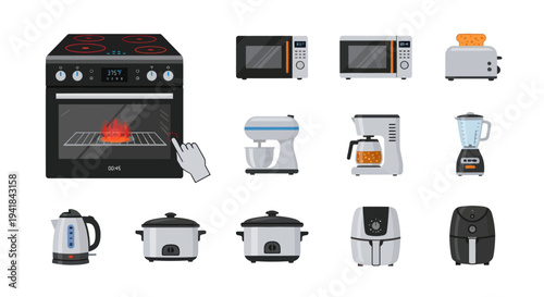 Collection of Modern Kitchen Appliances for Cooking and Food Preparation.