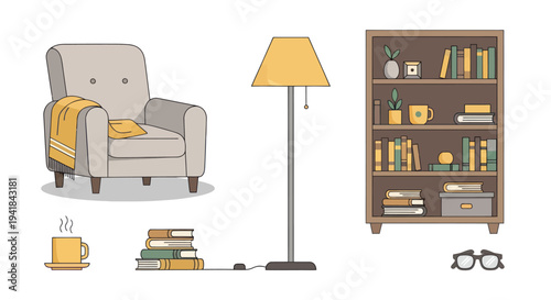 Cozy Reading Nook with Armchair Bookshelf and Lamp.