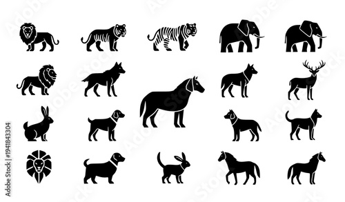 Minimal Black Animal Silhouette Icon Collection Vector Set